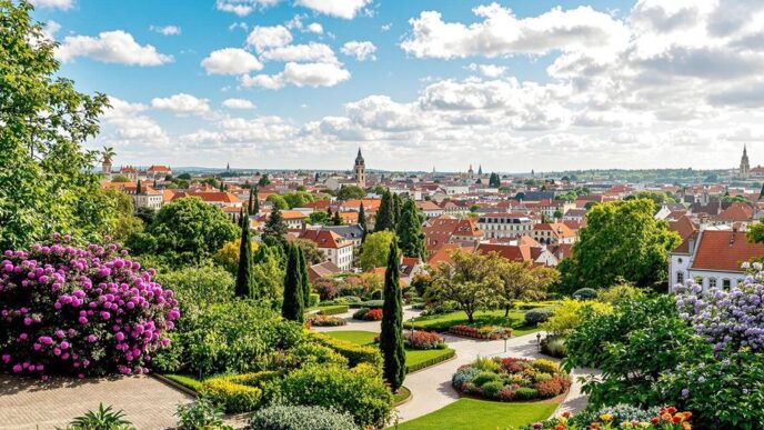 Guimarães cityscape with greenery and historic architecture.