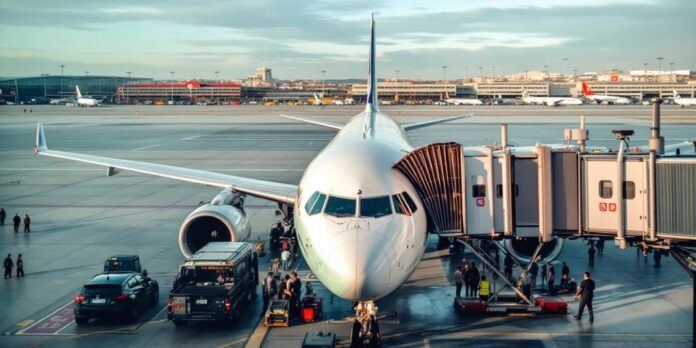 Airplane at airport with passengers boarding and crew.