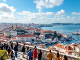 Lisbon skyline with people discussing cryptocurrency and visas.