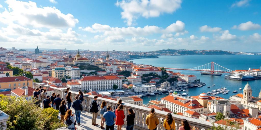 Lisbon skyline with people discussing cryptocurrency and visas.