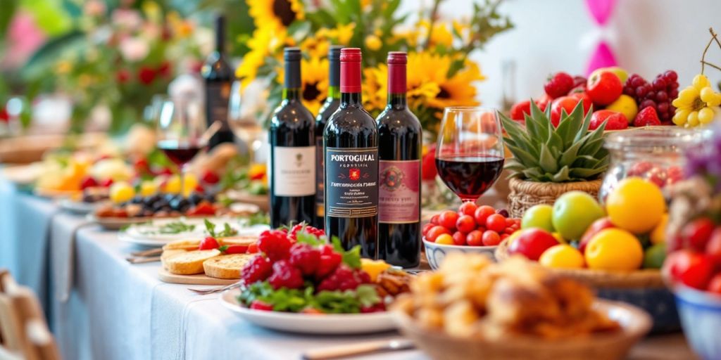 Table with Portuguese dishes and wines, colorful and inviting.