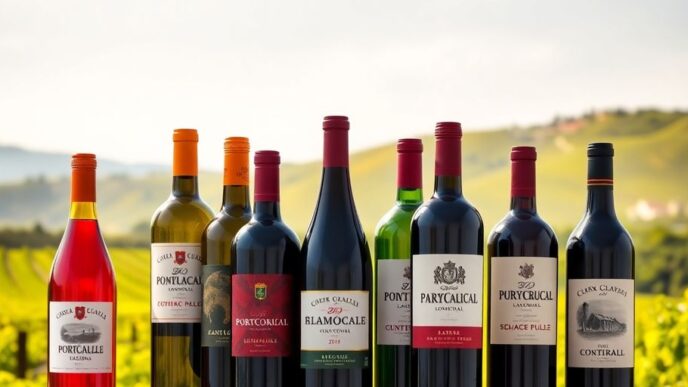 Portuguese wine bottles with vineyard background.