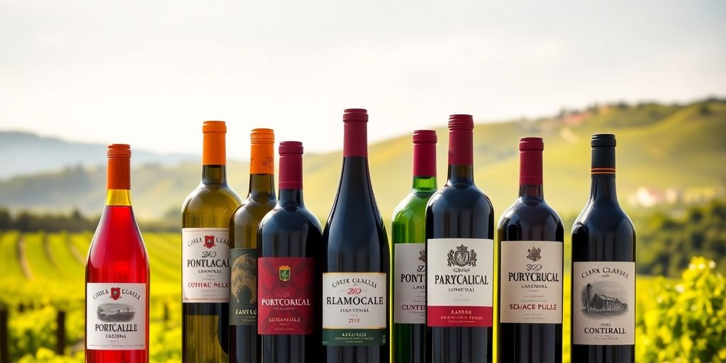 Portuguese wine bottles with vineyard background.