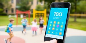 Smartphone with TOZI app interface on playground background.