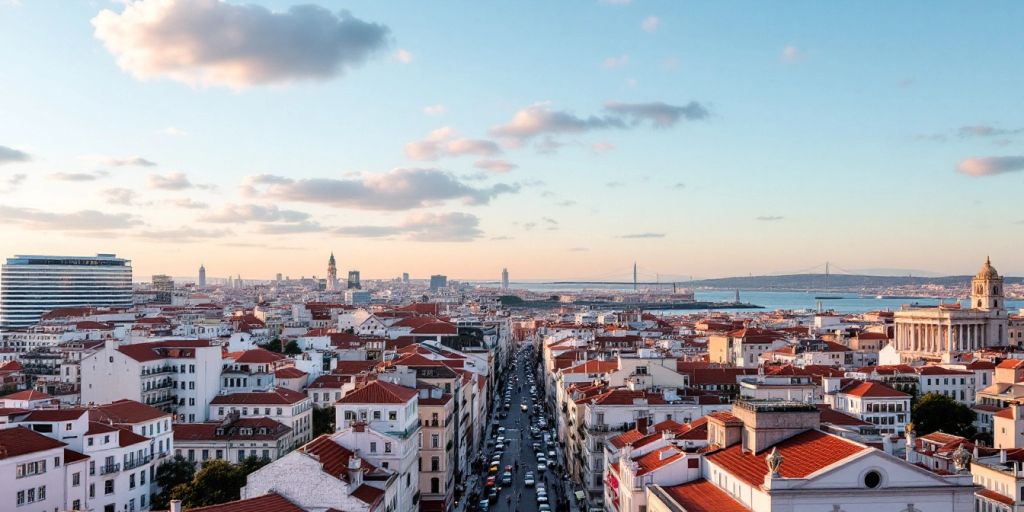 Panoramic view of Lisbon's skyline with modern buildings.