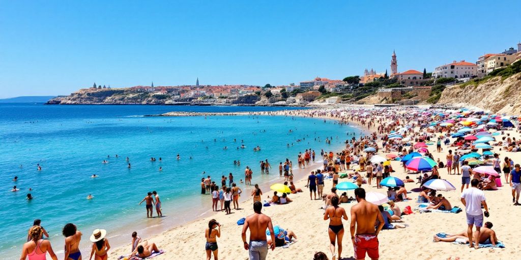 Tourists enjoying sunny beaches in Portugal with colorful umbrellas.