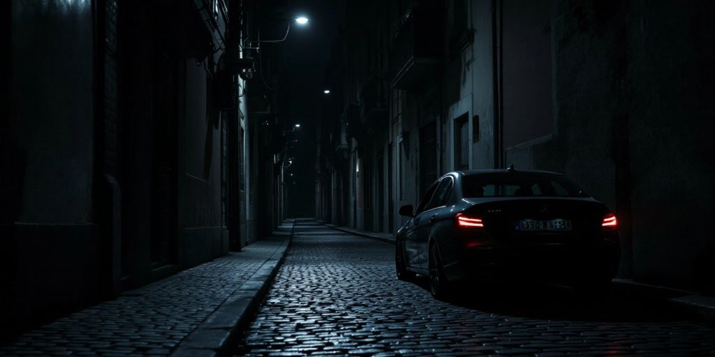 Dark alley in Lisbon with shadows and cobblestones.