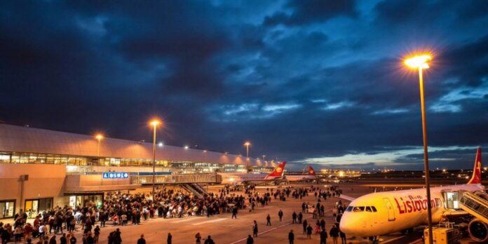 Lisbon Airport at night, with illuminated planes and crowds.