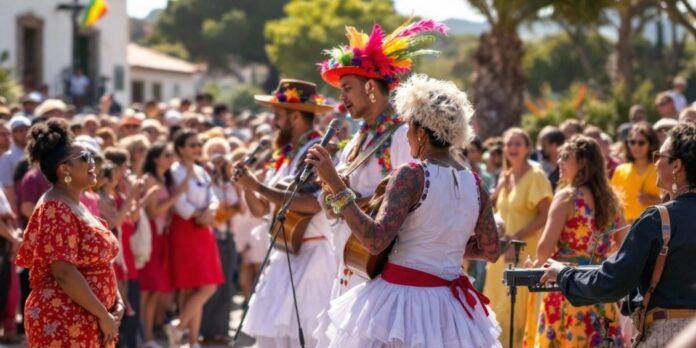 Performers in colorful attire at a singing festival.