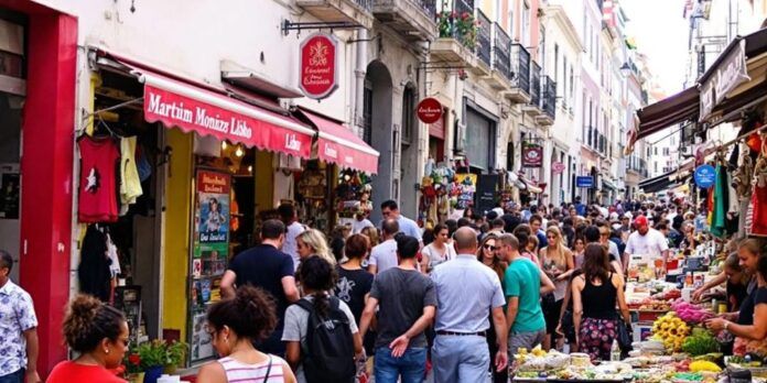 Busy Martim Moniz street with shops and people.