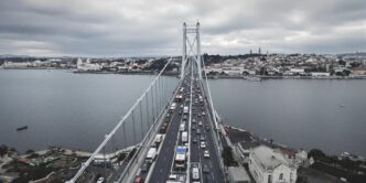 Traffic jam on Ponte 25 de Abril in Lisbon.