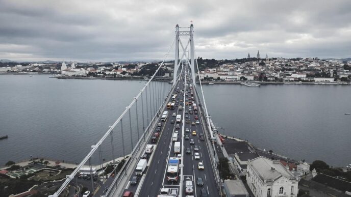 Traffic jam on Ponte 25 de Abril in Lisbon.