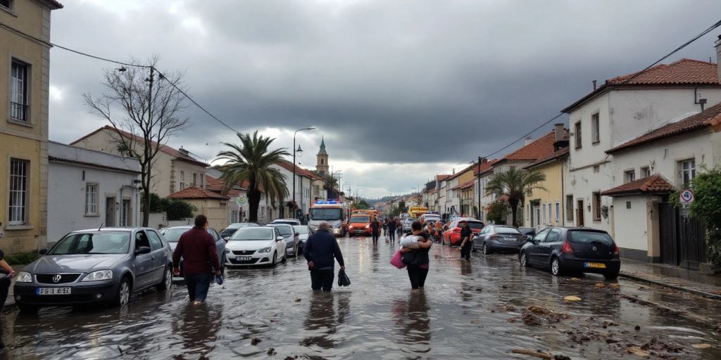 Flooded street in Portugal during severe weather conditions.