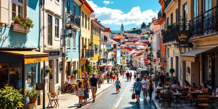 Colorful Lisbon street filled with people and cafes.