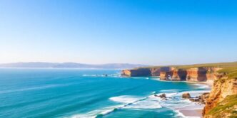 Scenic view of Portugal’s coastline with waves and beach.