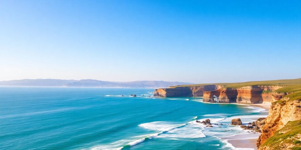 Scenic view of Portugal’s coastline with waves and beach.