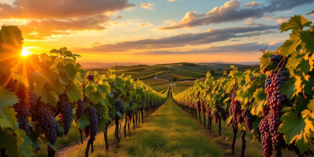 Vineyard in Portugal with grapevines and wine barrels.