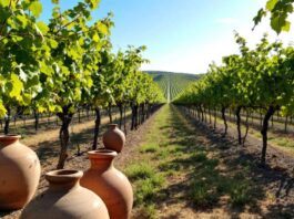 Vineyard in Alentejo with clay amphorae and blue sky.