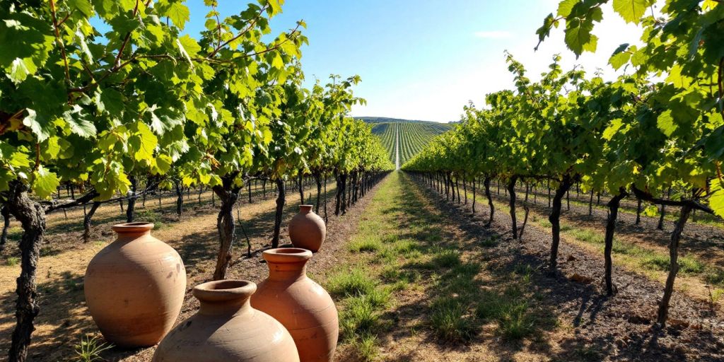 Vineyard in Alentejo with clay amphorae and blue sky.