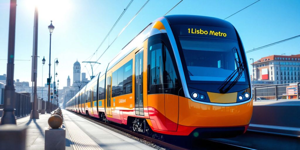 New Lisbon Metro train on tracks with city skyline.