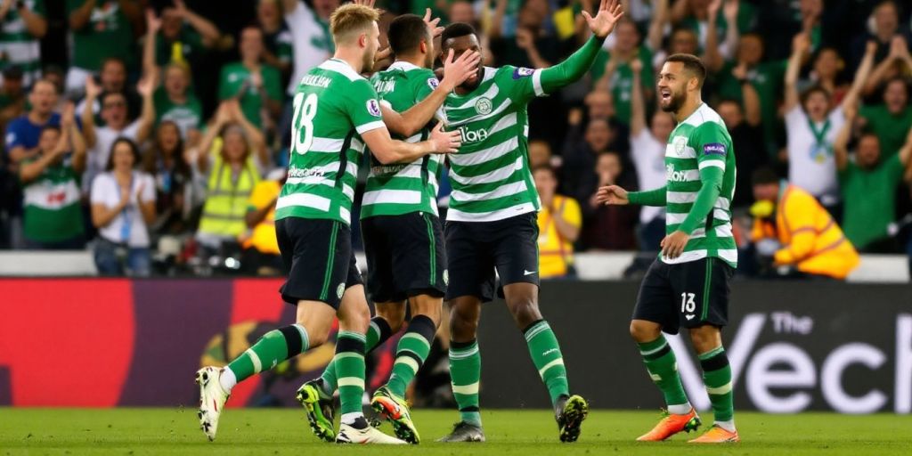 Sporting Lisbon players celebrating a 4-1 victory over Manchester City.