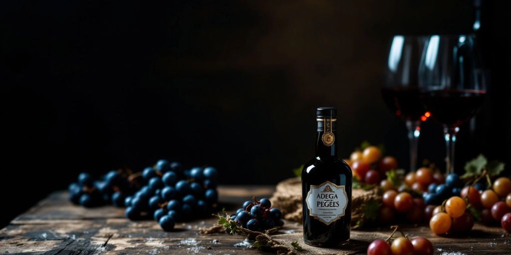 Fortified wine bottle and grapes on a wooden table.