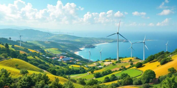 Lush landscape of Portugal with renewable energy sources.