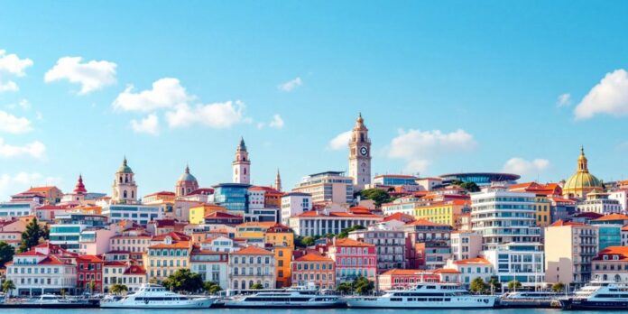 Lisbon skyline with modern architecture and vibrant colors.