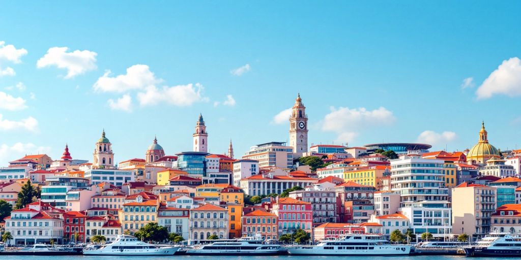 Lisbon skyline with modern architecture and vibrant colors.