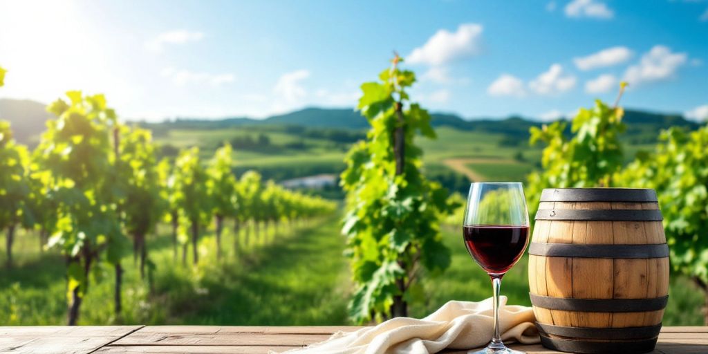 Vineyard landscape with wine glass and barrel.