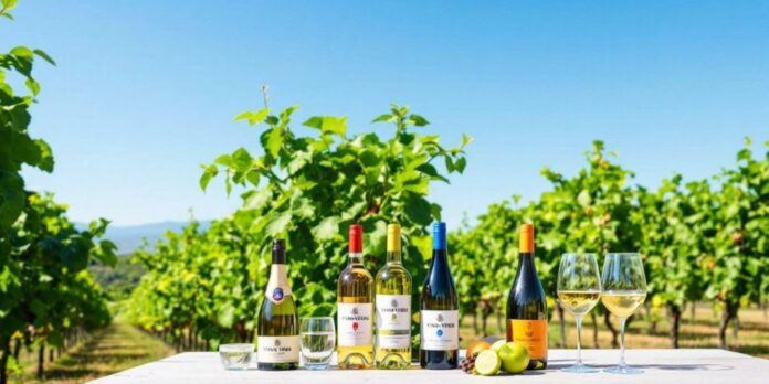 Vibrant vineyard in Vinho Verde with wine bottles and glasses.