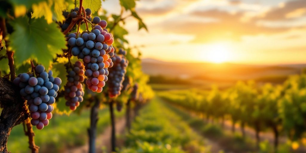 Vineyard at sunset with ripe grapes on the vines.