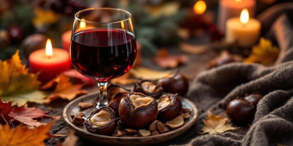 Glass of red wine with roasted chestnuts in autumn.