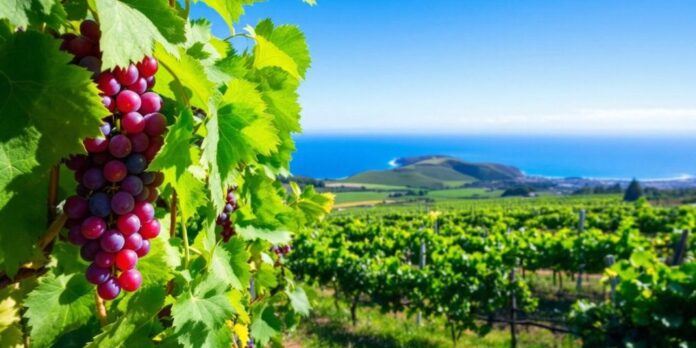 Lush vineyards in the Azores with ocean backdrop.