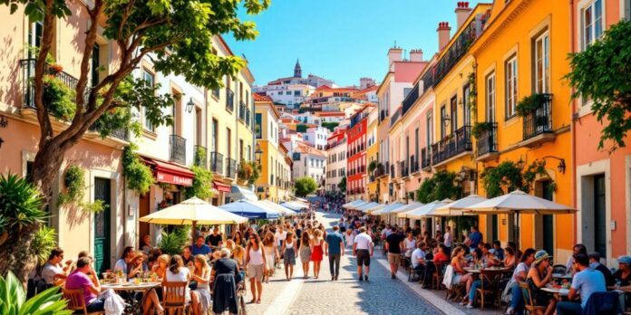 Colorful Lisbon street with cafes and people enjoying life.