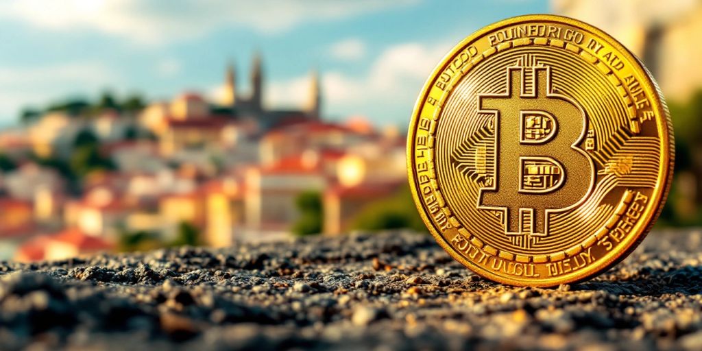 Golden Bitcoin coin in front of Portugal's skyline.