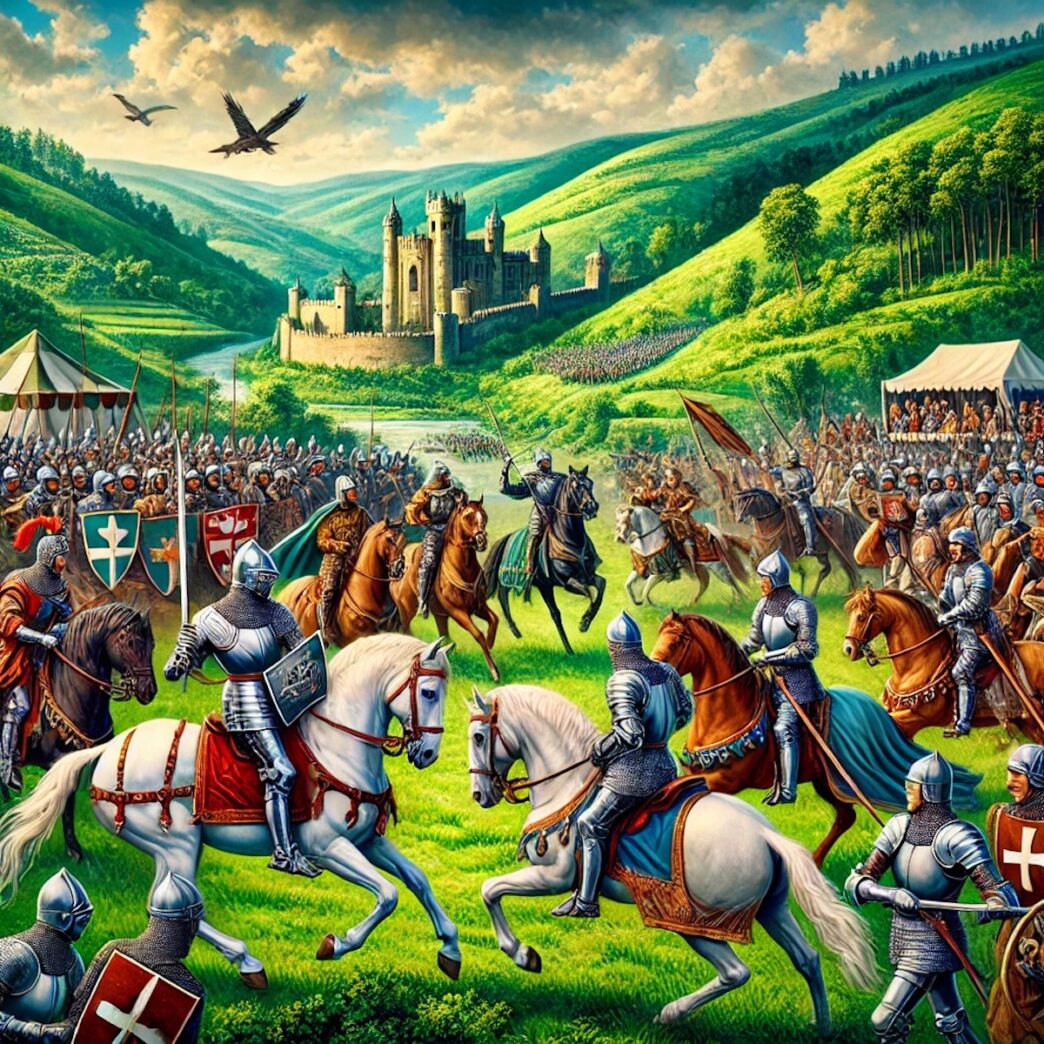 A drawing of a group of knights on horseback and on foot in a rural area with a castle in a misty background.