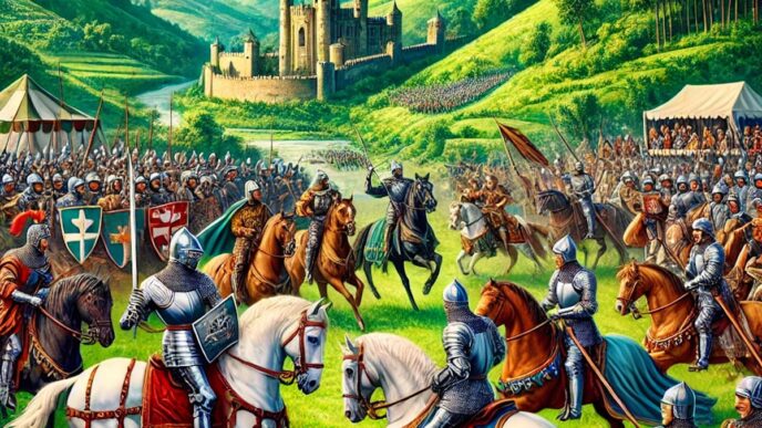 A drawing of a group of knights on horseback and on foot in a rural area with a castle in a misty background.