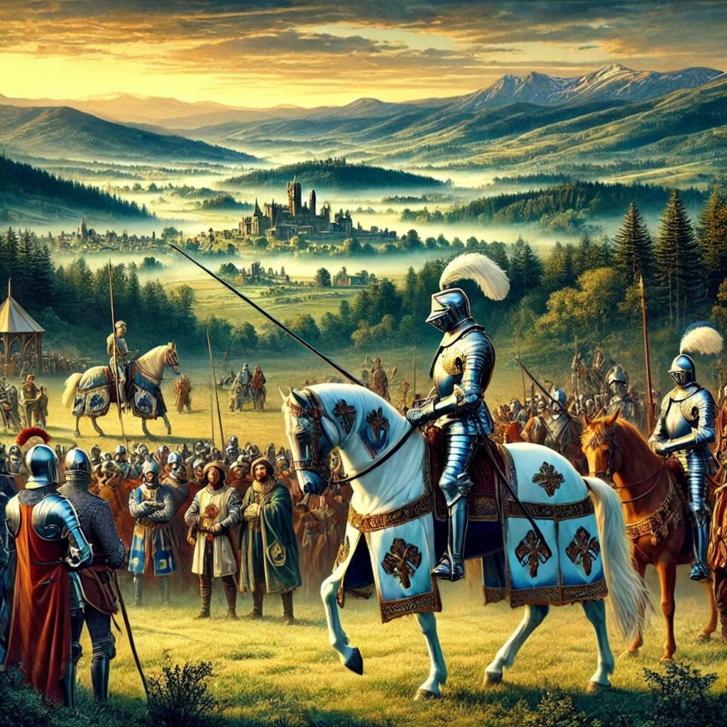 A drawing of a knight on a horse in a rural area with a castle in a misty background.