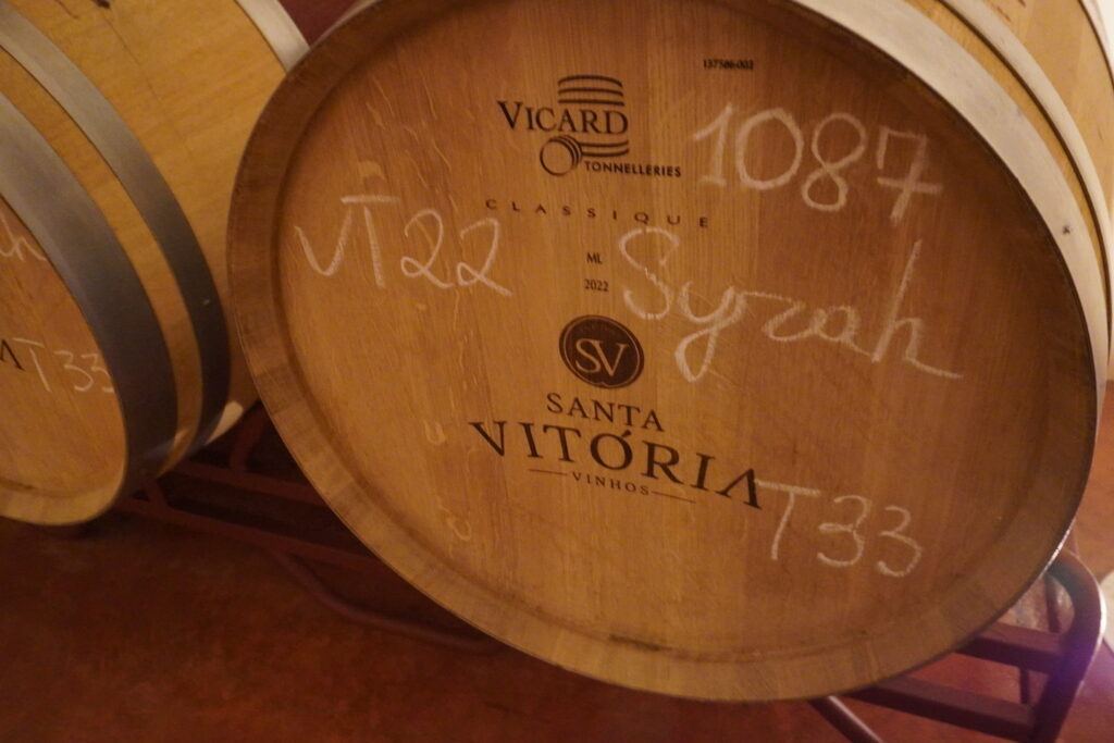 A barrel of wine at the Santa Vitoria vineyard in Portugal.