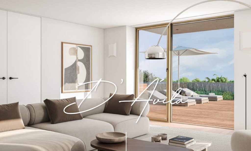 An artists impression of an aprtment interior looking out on to a terrace,  with the name| D’Ávila across the middle of the image