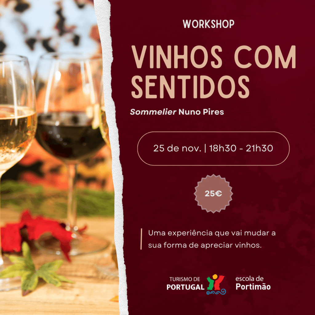 A promotional advert for a wine course, written in Portuguese.