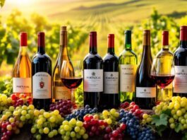 Portuguese wine bottles and glasses among lush vineyards.