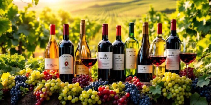 Portuguese wine bottles and glasses among lush vineyards.