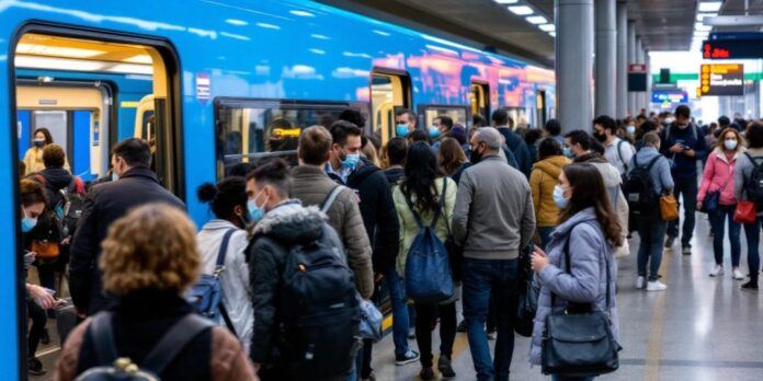 Commuters at Lisbon's blue metro station with a train.