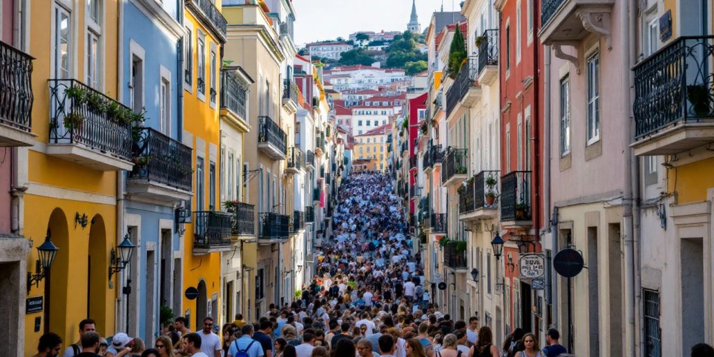 Colorful Lisbon street with residential buildings and people.