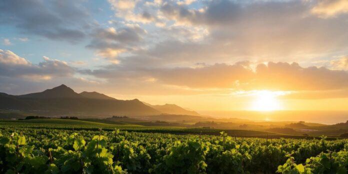 Vineyards of Terrantez do Pico in the Azores at sunset.