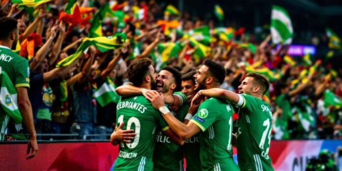 Sporting Lisbon players celebrating a goal against Manchester City.