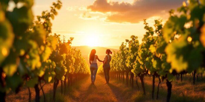 Women collaborating in a Portuguese vineyard during sunset.