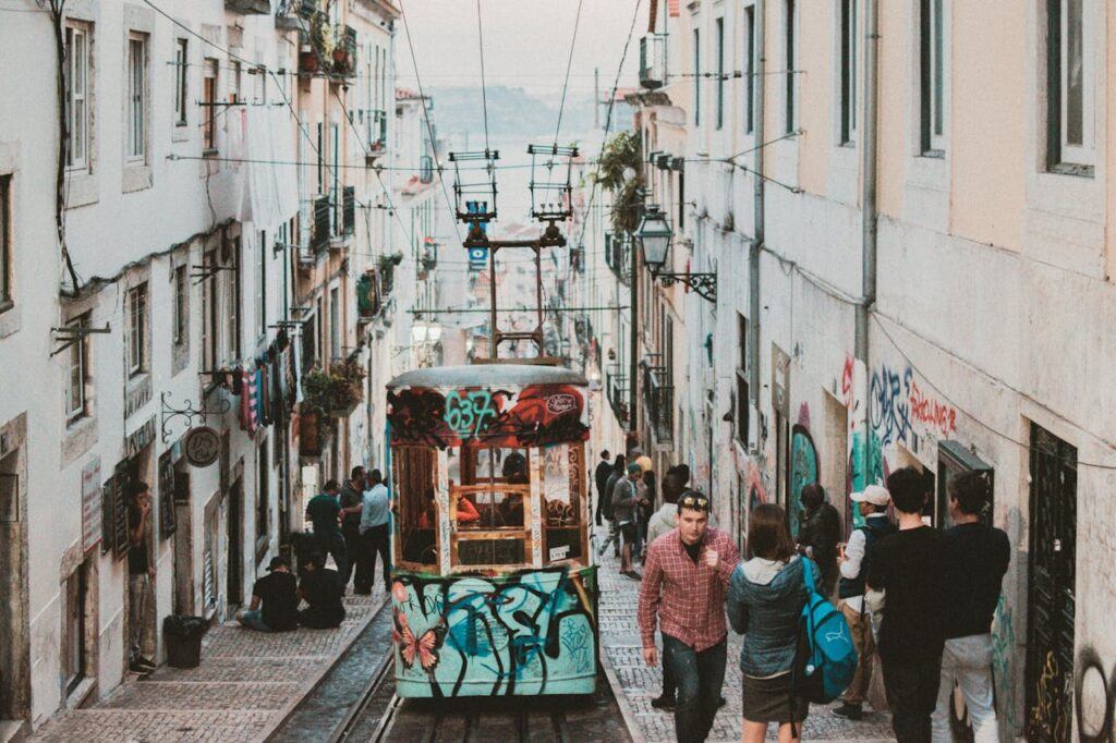 A tram covered in graffiti pictured in Lisbon.